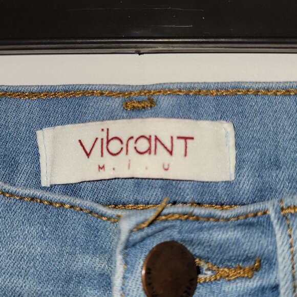 Vibrant MIU Acid Wash Distressed Ripped Skinny Stretch Raw Hem Jeans Size 1 W24 - Picture 3 of 6